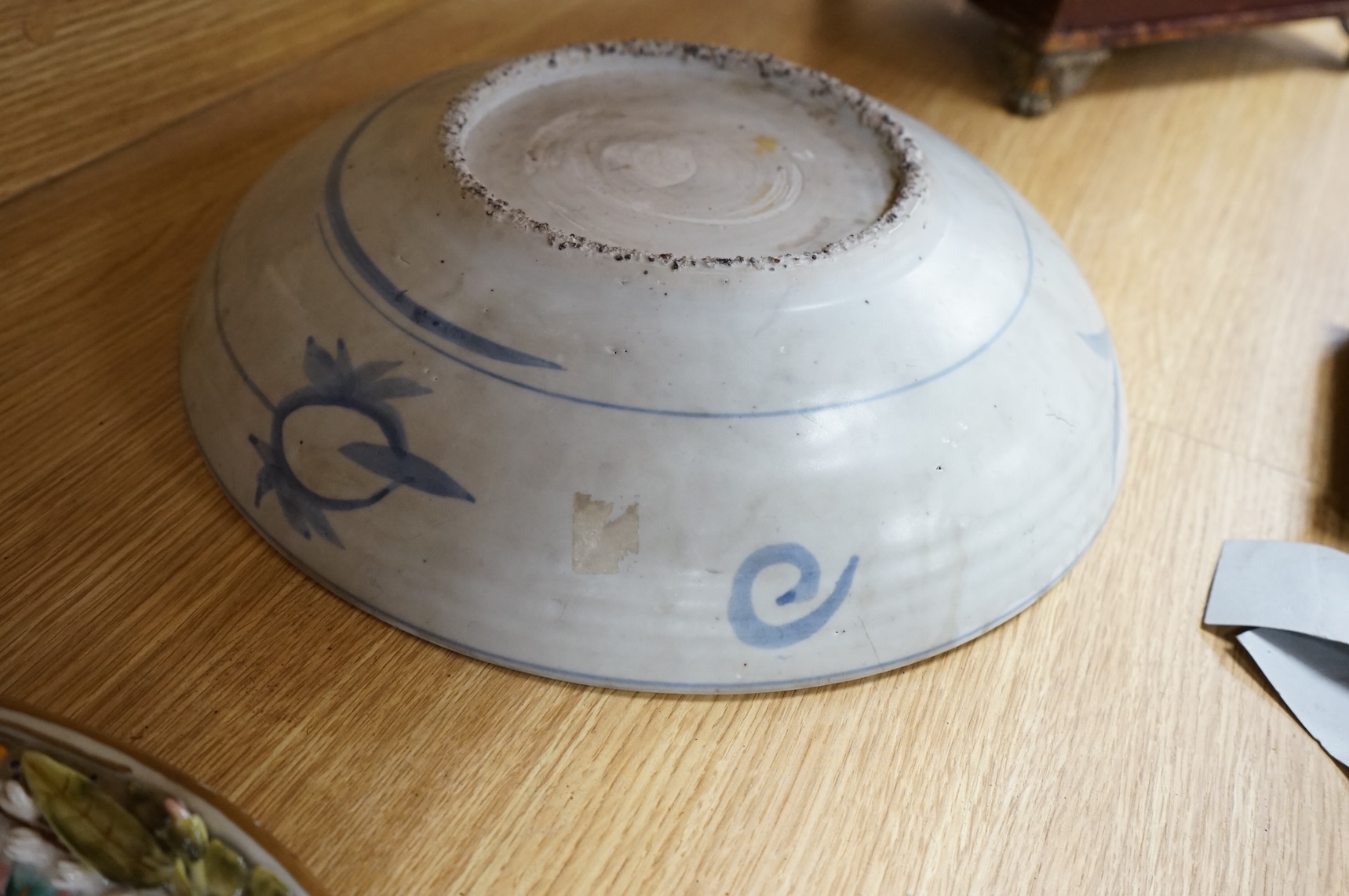 A Chinese Ming Swatow ware blue and white dish, Zhangzhou, early 17th century, 36cm diameter